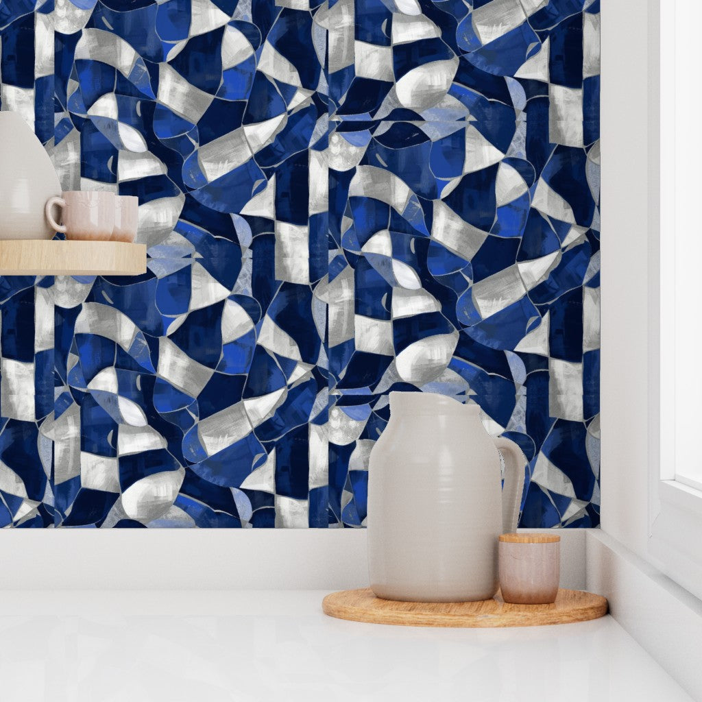 Indigo Abstract Curved Mosaic Wallpaper