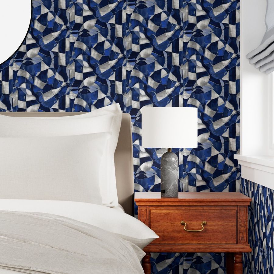 Indigo Abstract Curved Mosaic Wallpaper