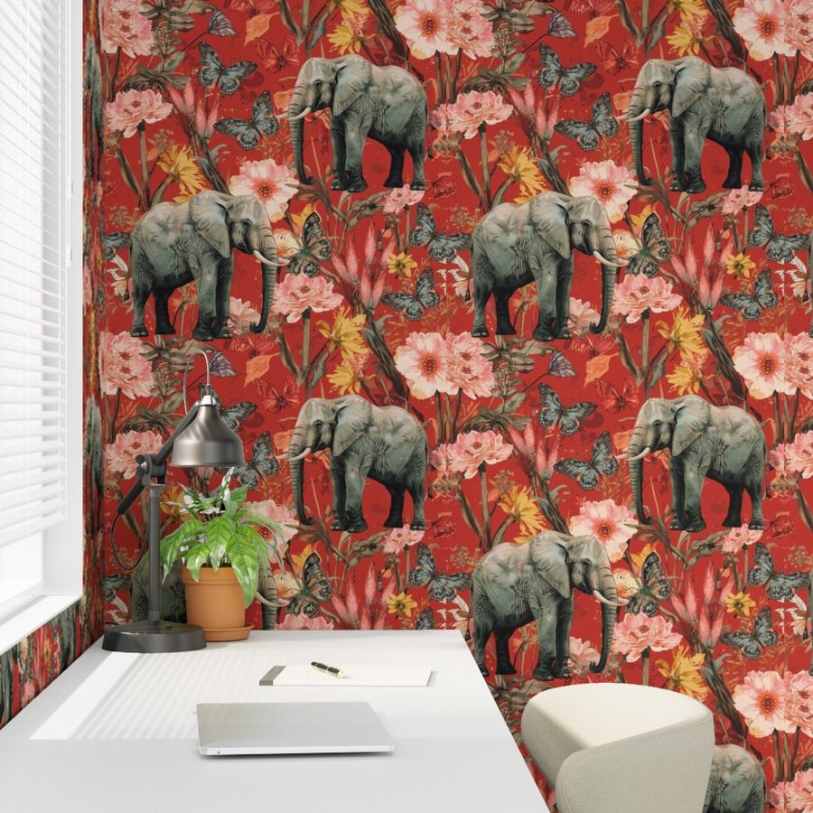 Elephants with Florals and Butterflies on Red Background Wallpaper