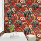 Elephants with Florals and Butterflies on Red Background Wallpaper