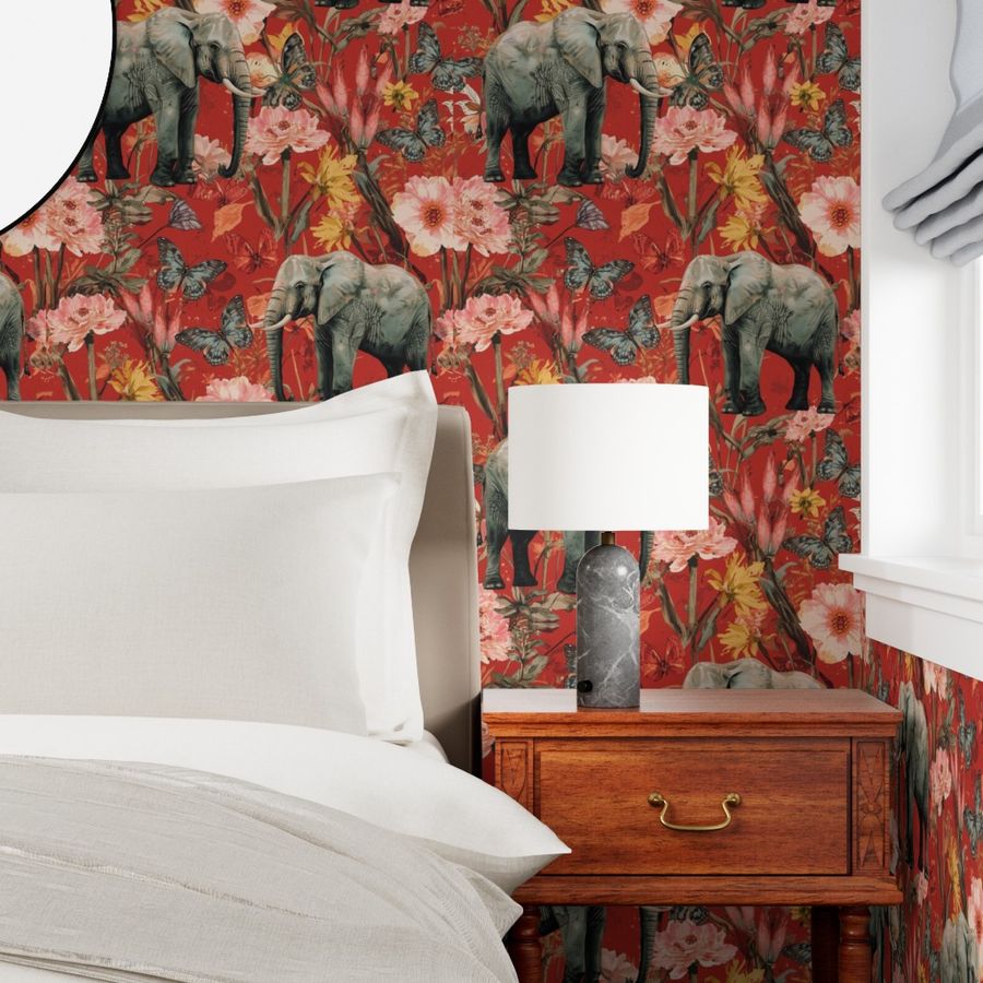 Elephants with Florals and Butterflies on Red Background Wallpaper
