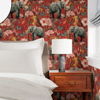 Elephants with Florals and Butterflies on Red Background Wallpaper