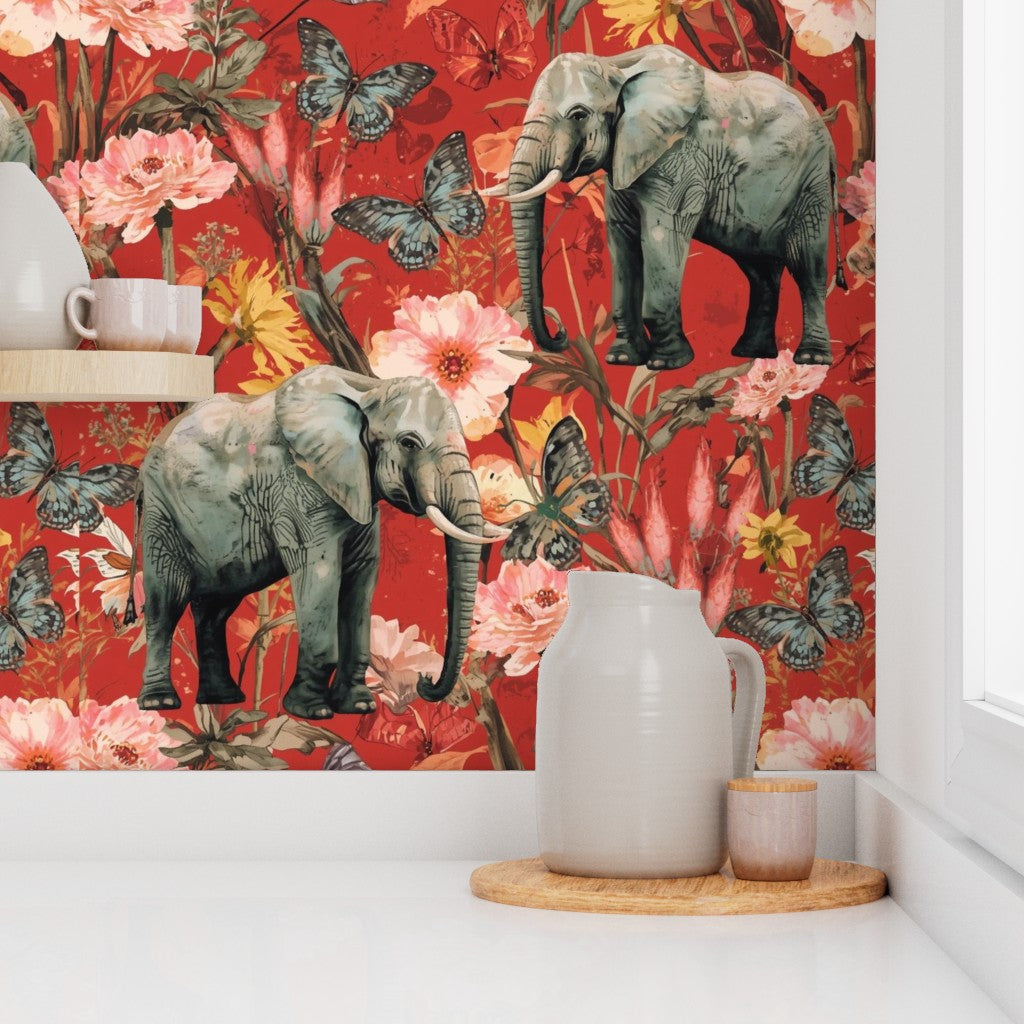 Elephants with Florals and Butterflies on Red Background Wallpaper