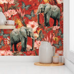 Elephants with Florals and Butterflies on Red Background Wallpaper