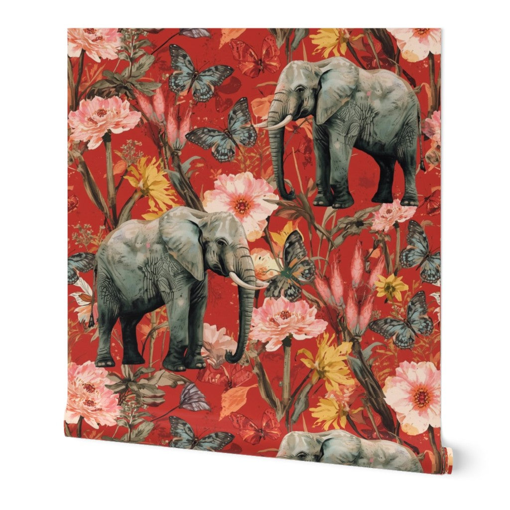 Elephants with Florals and Butterflies on Red Background Wallpaper
