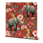 Elephants with Florals and Butterflies on Red Background Wallpaper