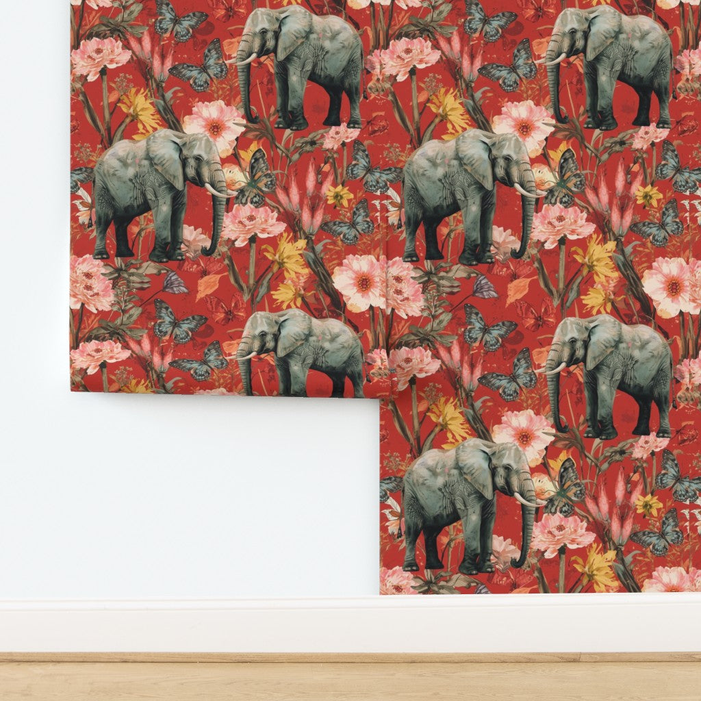 Elephants with Florals and Butterflies on Red Background Wallpaper