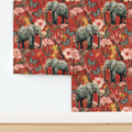 Elephants with Florals and Butterflies on Red Background Wallpaper