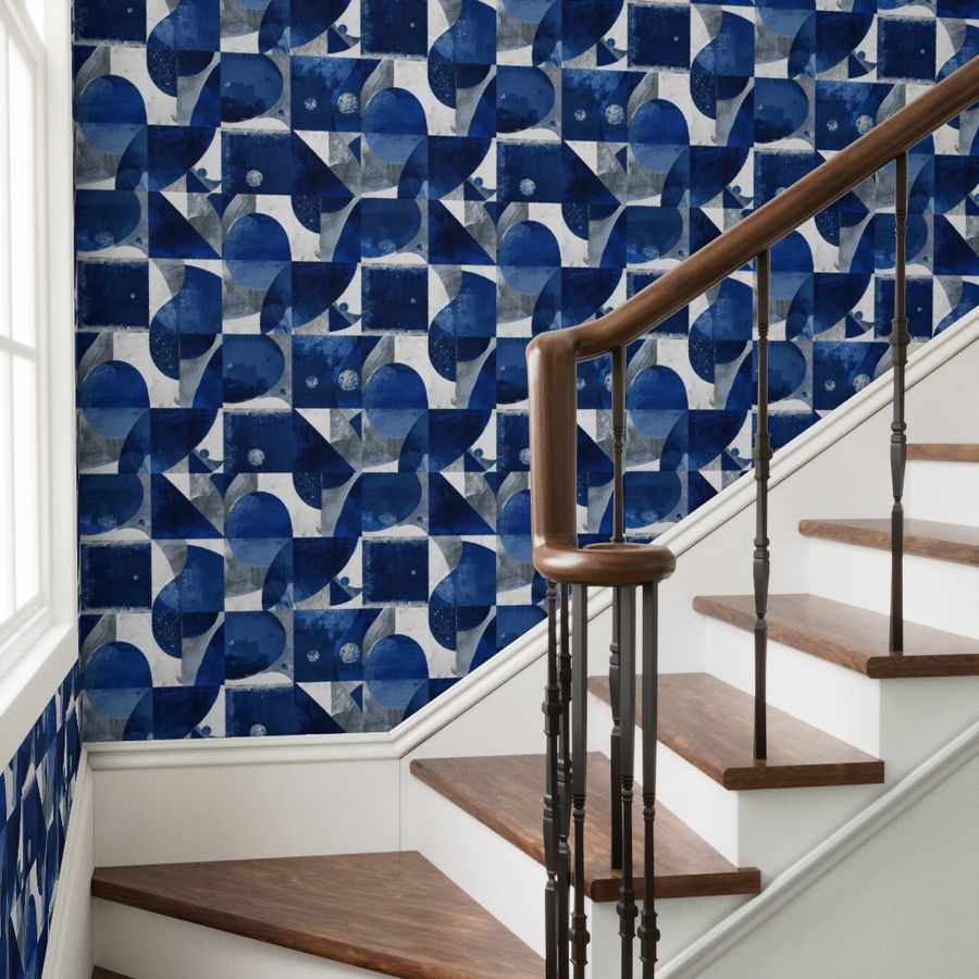 Indigo Abstract Curved Mosaic Wallpaper