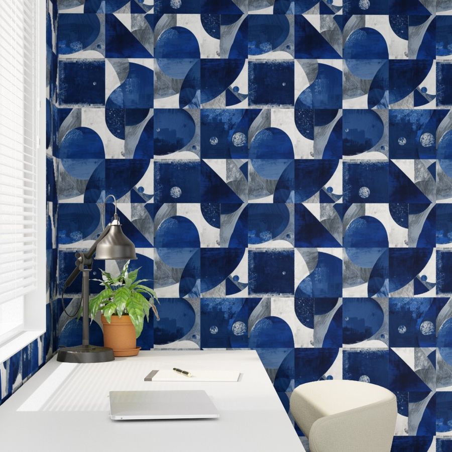 Indigo Abstract Curved Mosaic Wallpaper