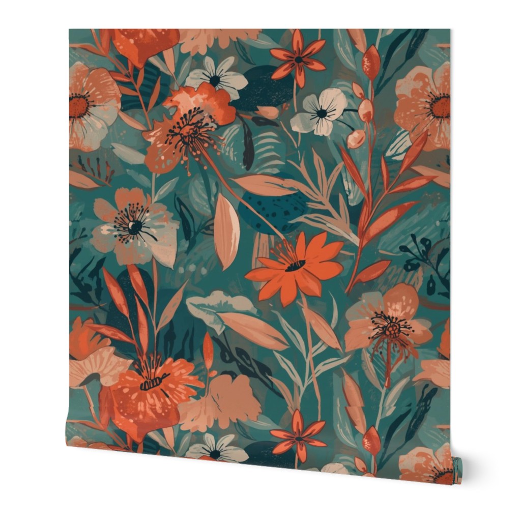 Soft Painterly Floral Pattern in Teal and Orange Wallpaper
