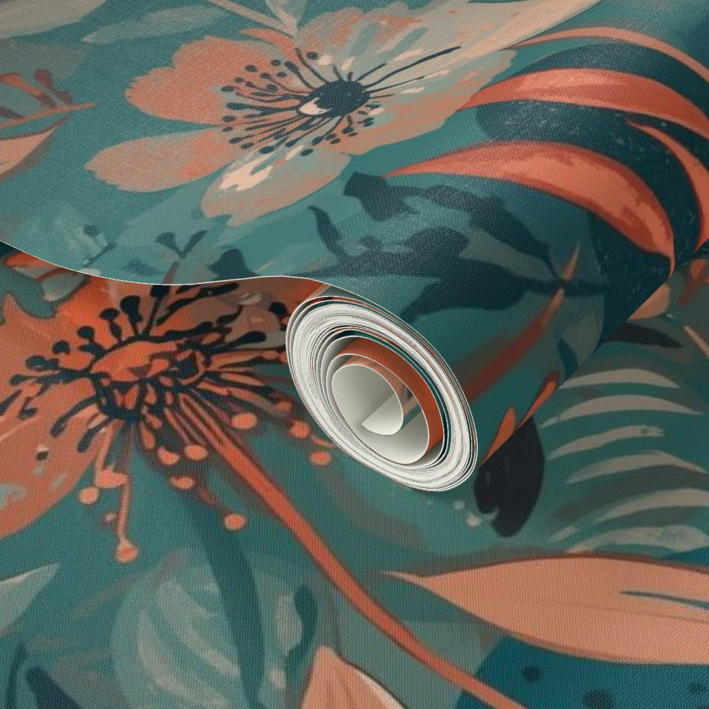 Soft Painterly Floral Pattern in Teal and Orange Wallpaper