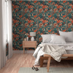 Soft Painterly Floral Pattern in Teal and Orange Wallpaper