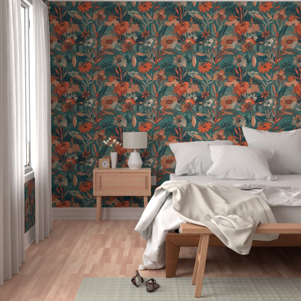 Soft Painterly Floral Pattern in Teal and Orange Wallpaper