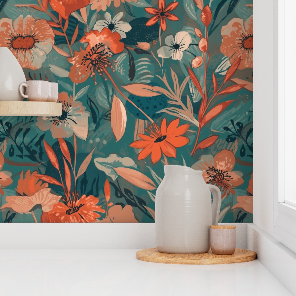 Soft Painterly Floral Pattern in Teal and Orange Wallpaper
