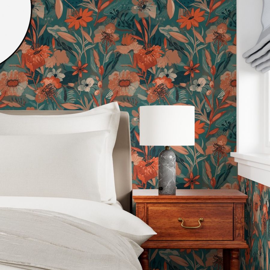 Soft Painterly Floral Pattern in Teal and Orange Wallpaper