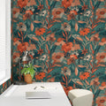 Soft Painterly Floral Pattern in Teal and Orange Wallpaper