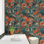 Soft Painterly Floral Pattern in Teal and Orange Wallpaper