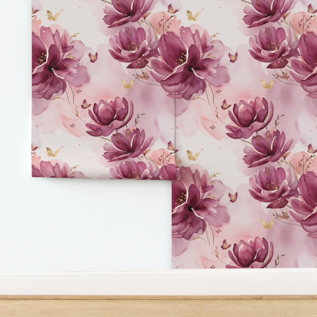 Plum and Pink Watercolor Florals with Gold Accents Wallpaper