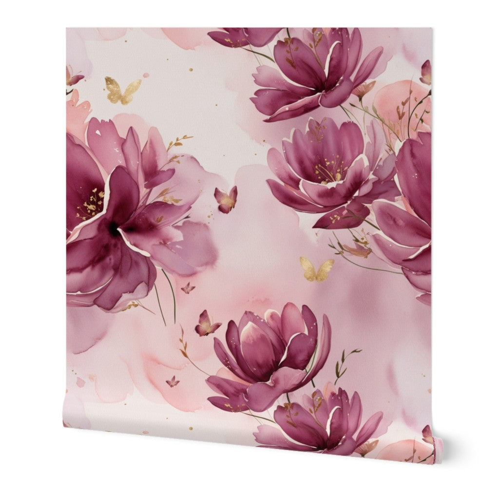 Plum and Pink Watercolor Florals with Gold Accents Wallpaper