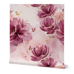 Plum and Pink Watercolor Florals with Gold Accents Wallpaper
