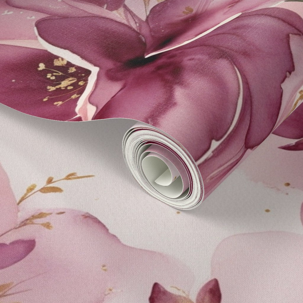 Plum and Pink Watercolor Florals with Gold Accents Wallpaper