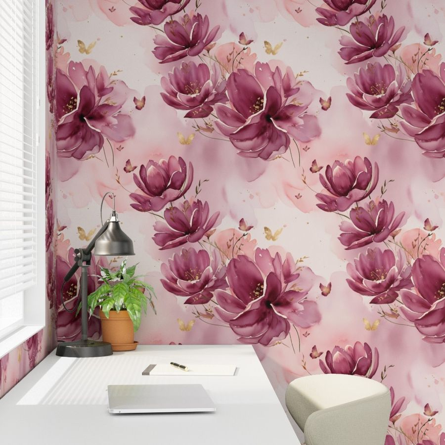 Plum and Pink Watercolor Florals with Gold Accents Wallpaper