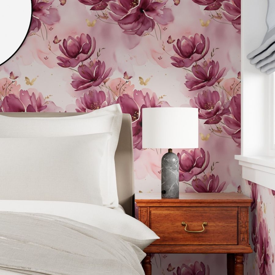 Plum and Pink Watercolor Florals with Gold Accents Wallpaper