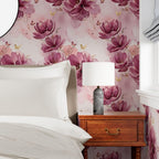Plum and Pink Watercolor Florals with Gold Accents Wallpaper