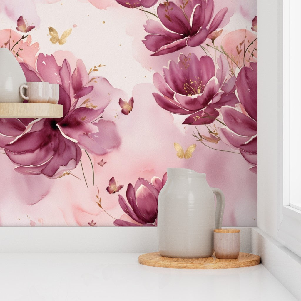 Plum and Pink Watercolor Florals with Gold Accents Wallpaper