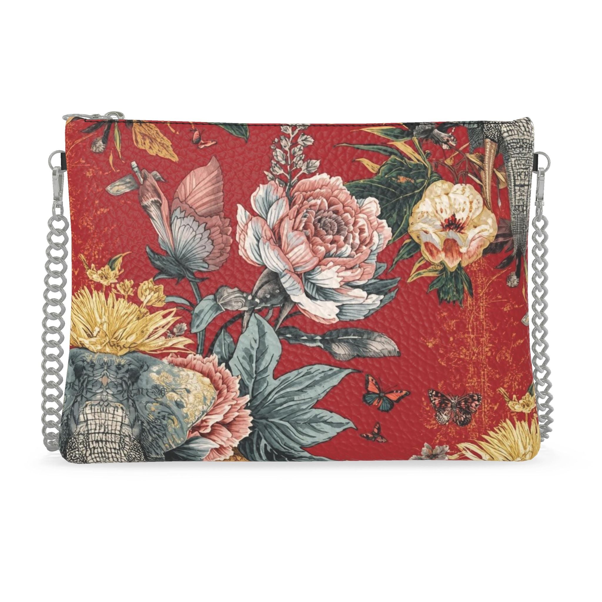 Red Botanical Crossbody Bag With Chain | Luxury Floral Leather Handbag