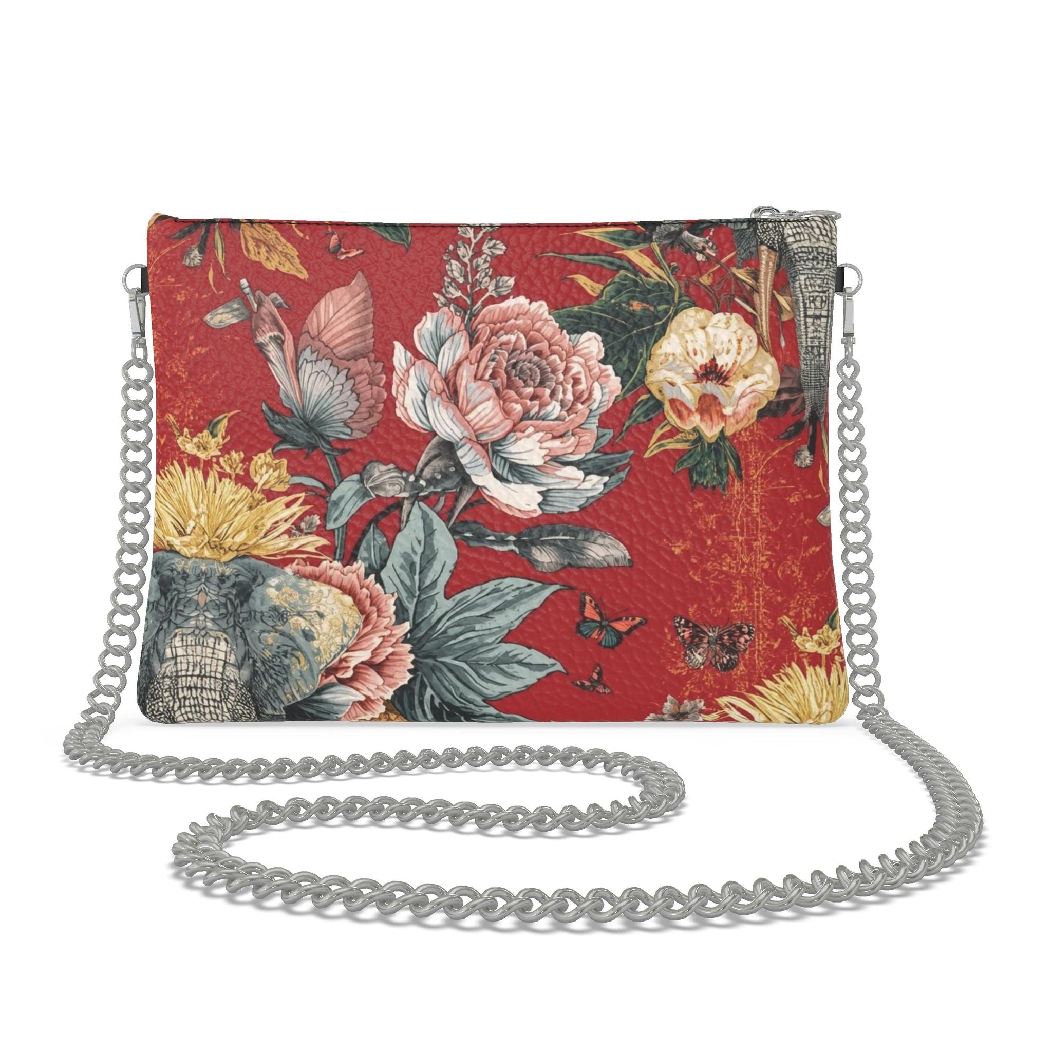 Red Botanical Crossbody Bag With Chain | Luxury Floral Leather Handbag