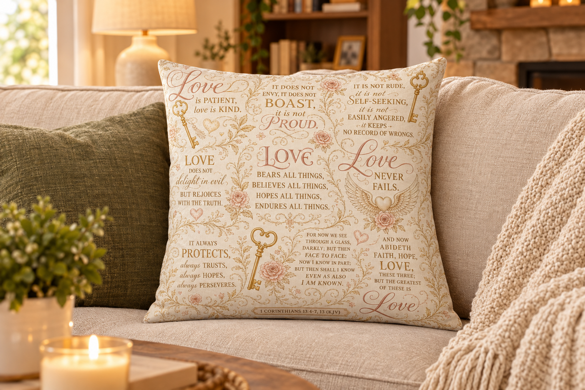 1 Corinthians 13 Love Collection | Wrapped in the Word™ Cotton Pillow