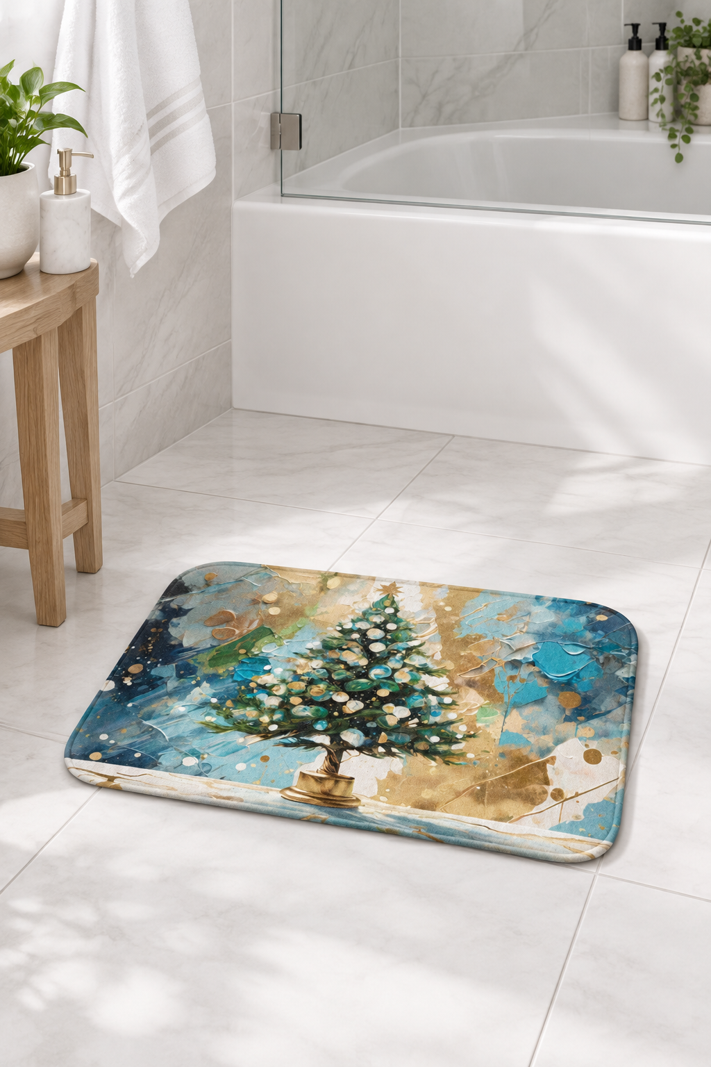 Blue & Gold Chreistmas Tree Memory Foam Bath Mat | The Most Wonderful Time of the Year™